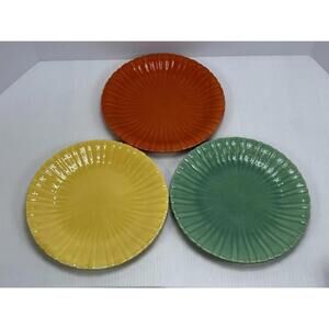 3 Vintage Stangl Pottery Colonial Tangerine Yellow Green 10" Dinner Plates